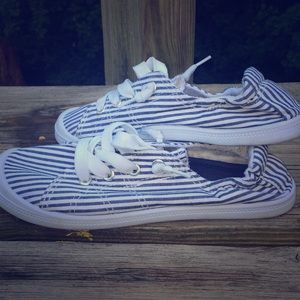 blue and white slip ons